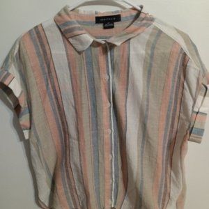 Sanctuary Cotton And Linen Boxy Blouse LP Peach Blue Button Up Tie At Hem